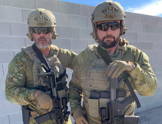 KEF Mission Specialist trainer Reece Dewar and KEF CEO Paul Cale testing weaponry in Nevada, USA, for Force Ordnance in Jan. 2019